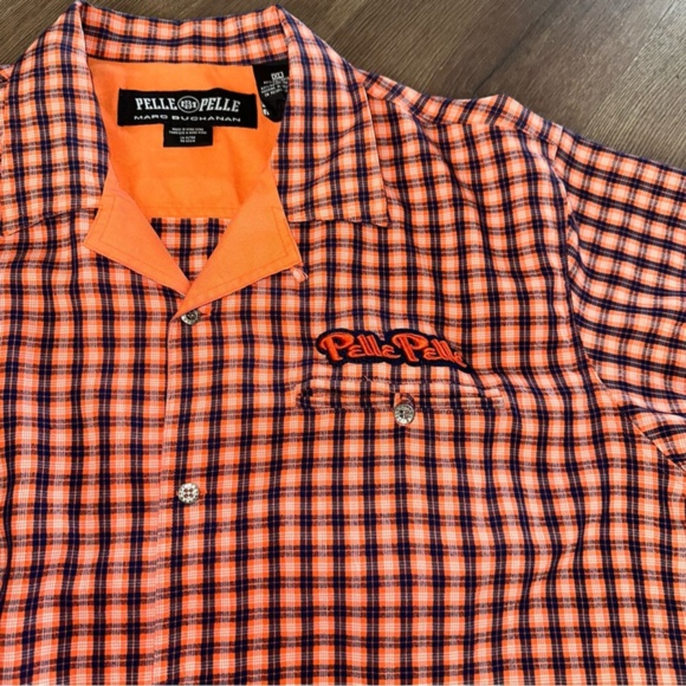 Pelle Pelle Marc Buchanan Mens XL Short Sleeve‎ Button Up Orange Embroidered
